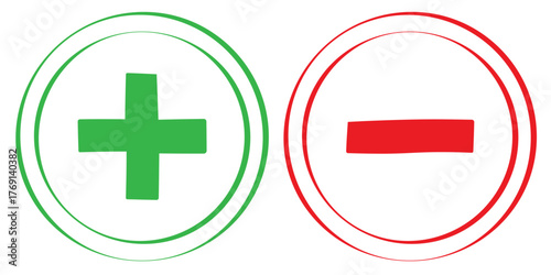 Red & green plus minus icon. Plus and minus vector icon, plus-minus math sign, positive and negative symbol, colorful addition and subtraction sign. Plus sign and minus symbol icons in circle shape.
