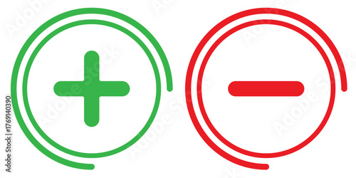 Red & green plus minus icon. Plus and minus vector icon, plus-minus math sign, positive and negative symbol, colorful addition and subtraction sign. Plus sign and minus symbol icons in circle shape.
