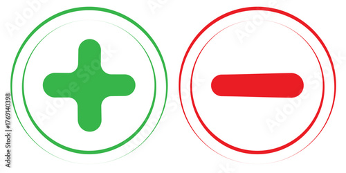 Red & green plus minus icon. Plus and minus vector icon, plus-minus math sign, positive and negative symbol, colorful addition and subtraction sign. Plus sign and minus symbol icons in circle shape.
