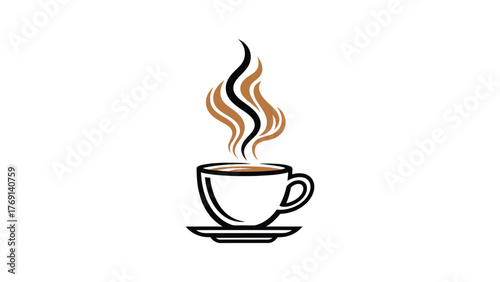 Minimal Line Vector of Coffee Cup with Abstract Steam on White Background, modern café icon style.