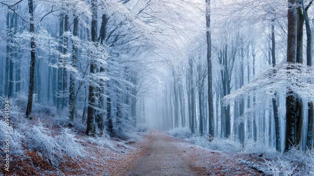 Naklejka premium Snow blankets the path and trees in a quiet forest creating a tranquil atmosphere at dawn.