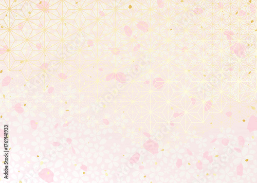 麻の葉模様と桜の花柄を組み合わせた和風背景イラスト