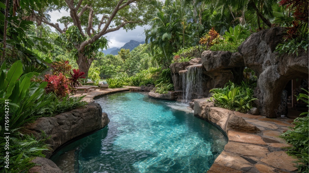 Fototapeta premium A hidden gem features vibrant plants clear water and soothing sounds of nature in a peaceful setting.