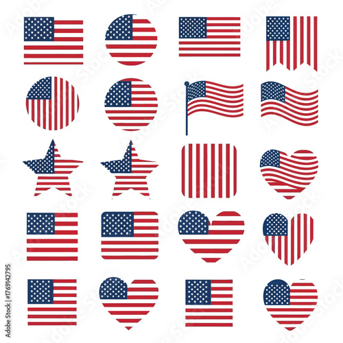 Various stylized representations of the American flag are displayed.