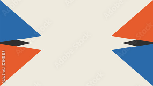Abstract geometric design featuring blue and orange triangles with black accents on a neutral background
