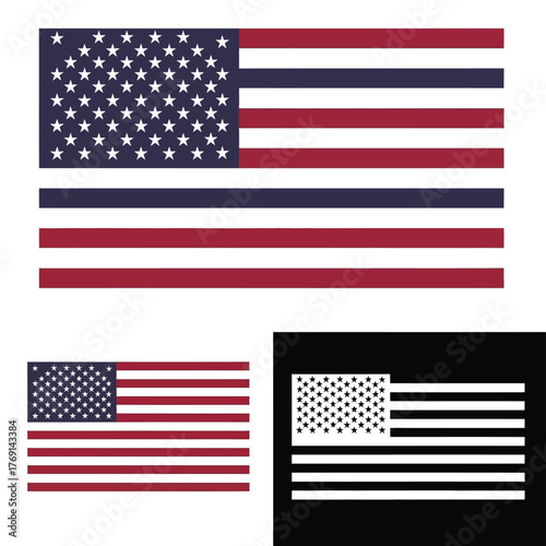 Three variations of the American flag are displayed on a white background.