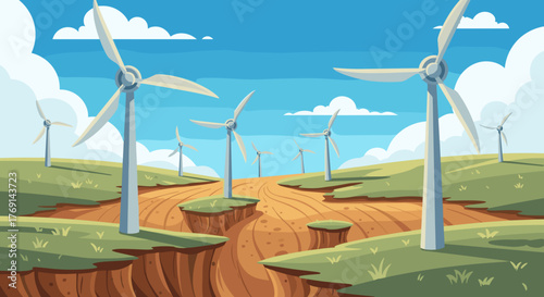 Eroded field with wind turbines
