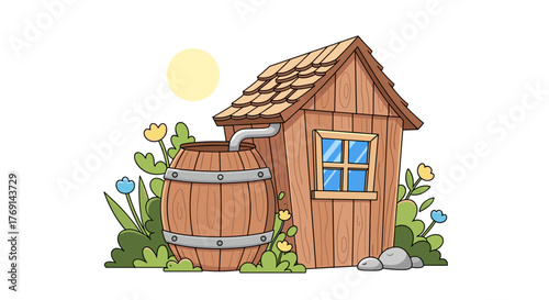 Rain barrel beside wooden shed