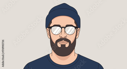 A flat vector illustration of a bearded man portrait. Minimalist design with clean lines, solid flat colors, and a neutral background