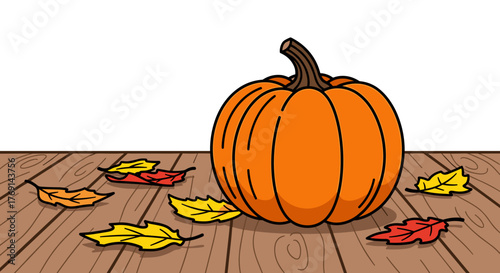 A flat vector illustration of a pumpkin on a wooden porch with scattered autumn leaves