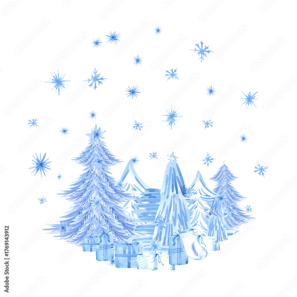 Fototapeta premium Hand drawn watercolor blue monochrome Christmas trees and presents round label composition. Illustration isolated on white background. Can be used for postcard, label and other printed products.