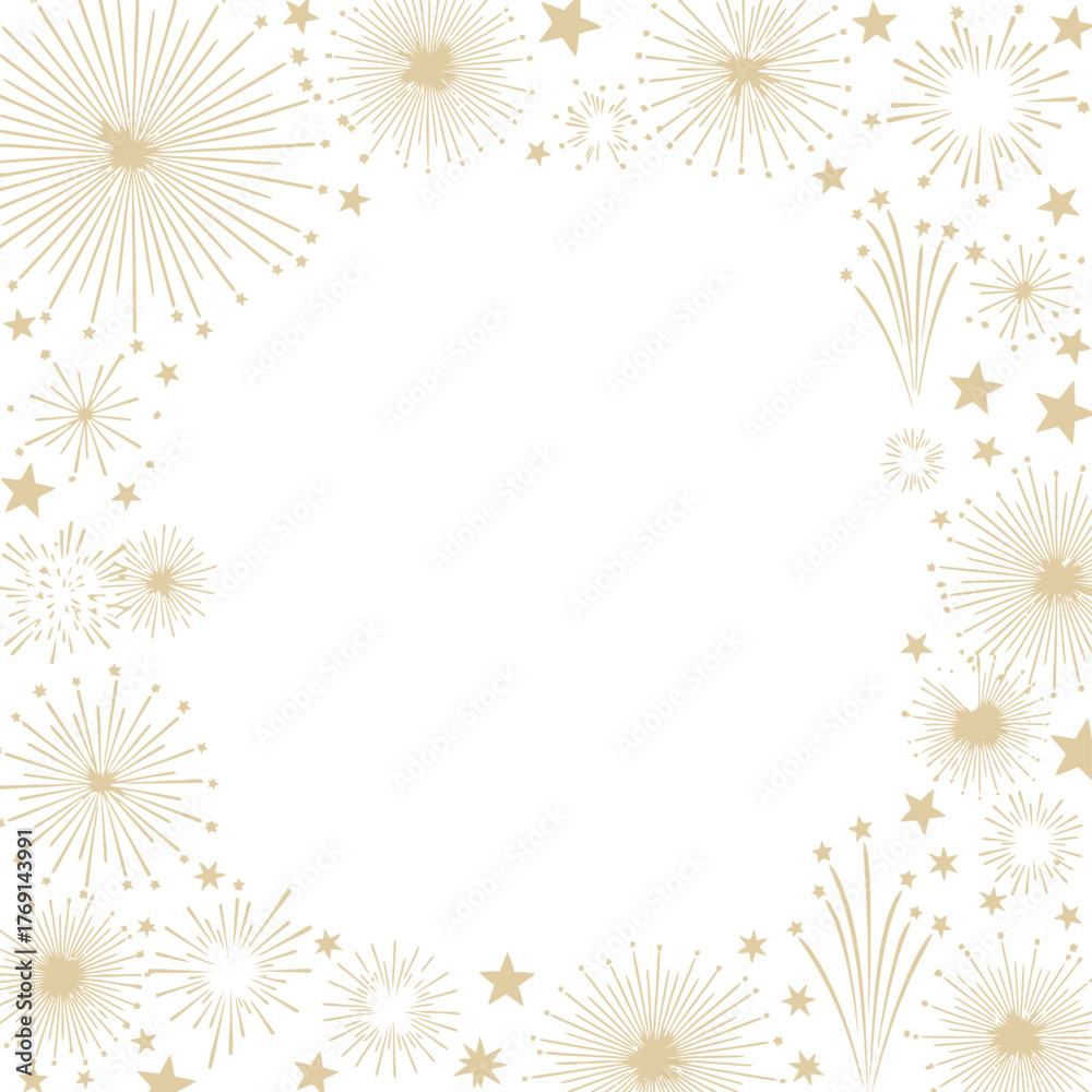 Obraz premium A golden abstract frame of fireworks and stars on a white background