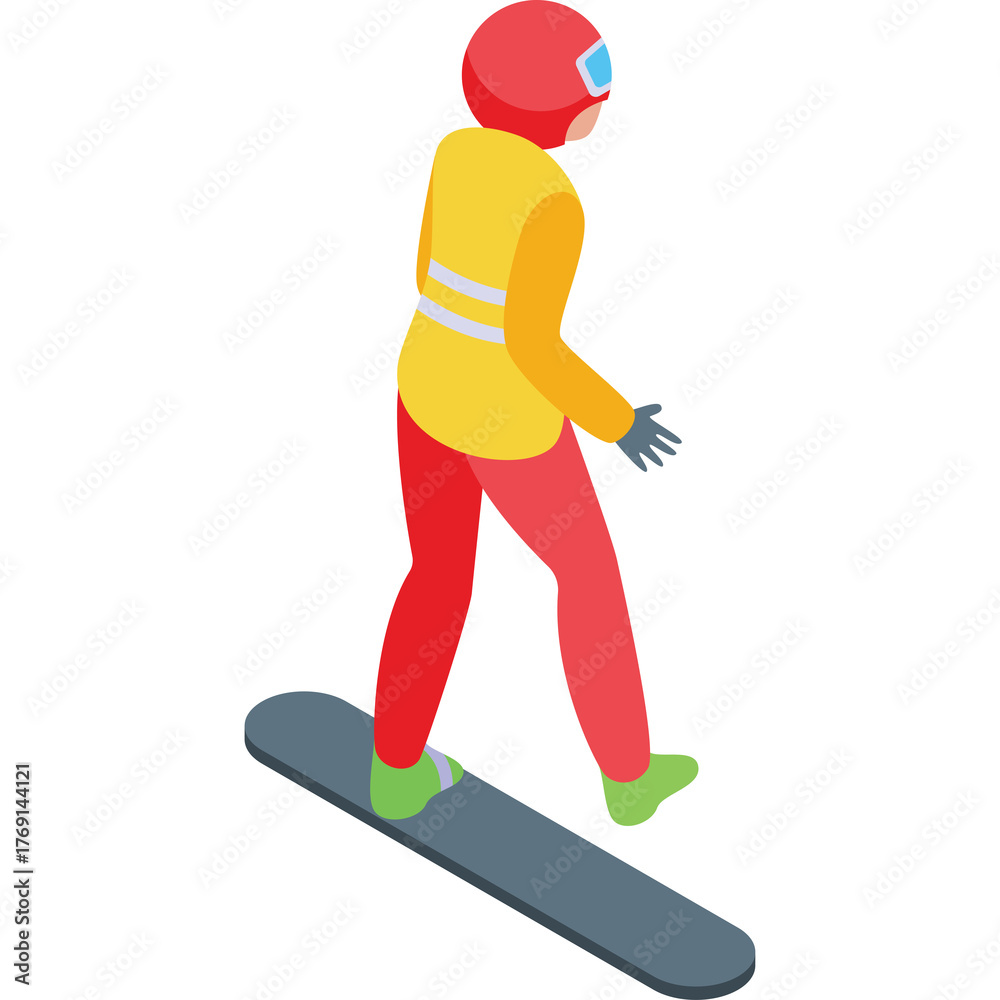 Obraz premium Isometric snowboarder in red pants and yellow vest red helmet green shoes on a snowboard with a transparent background and simple illustration style