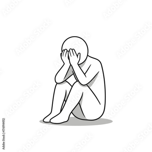 Hand-drawn style vector of a simple character sitting with head down, expressing sadness and disappointment.