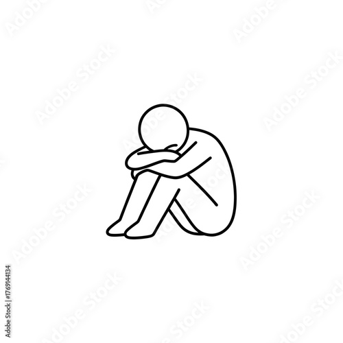 Vector illustration of a simple stick figure character showing a disappointed expression, arms crossed and sitting down. Minimalist emotional design for comic, presentation, or education use.