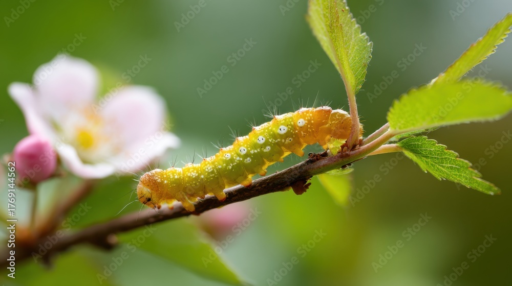 Fototapeta premium A vibrant green caterpillar makes its way along a branch surrounded by delicate pink blossoms.