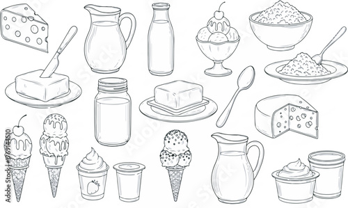 Black and white hand drawn dairy products set vector illustration sketches isolated on white