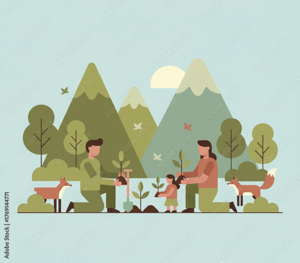 Naklejka premium Family Planting Trees for the Future A Sustainable Ecology Scene