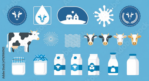 Flat design vector set of dairy icons including cow, milk packaging, bottle, and farm elements