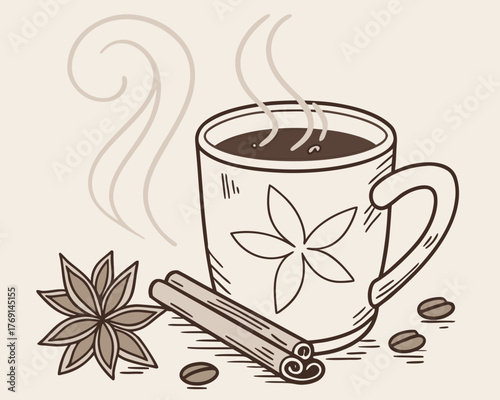 A cup of coffee with cinnamon and anise drawing