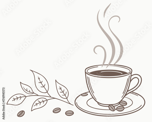 A cup of coffee with steam and coffee beans