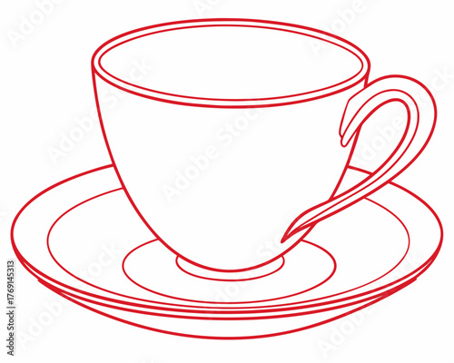 Red outline of a tea cup and saucer