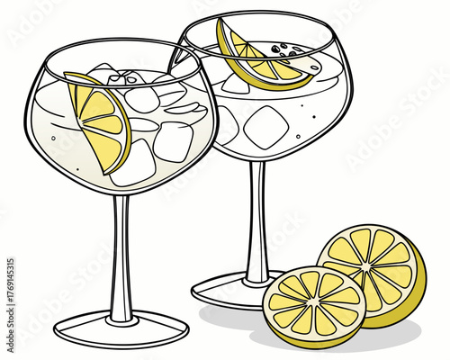 Illustration of two gin and tonics with lemon
