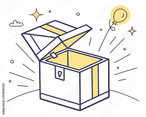 An open box with a balloon floating out