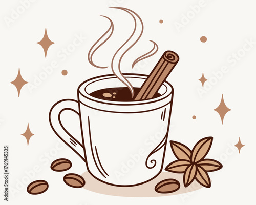 Aromatic coffee cup with cinnamon stick and star anise