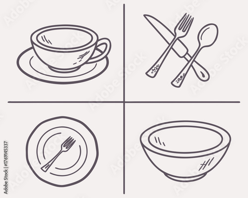 A set of dining utensils and tableware