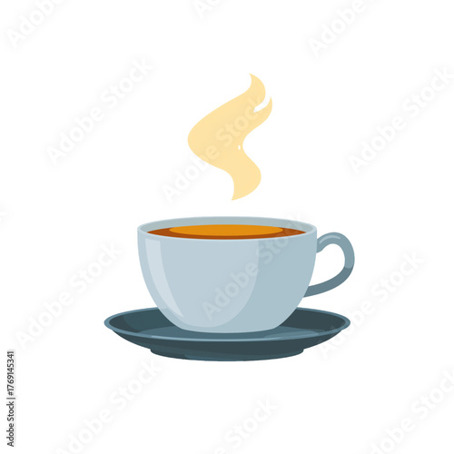 flat 2D icon vector illustrator of hot tea in teacup with saucer, with copy space, white background