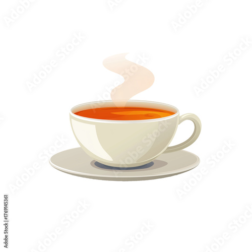 flat 2D icon vector illustrator of hot tea in teacup with saucer, with copy space, white background