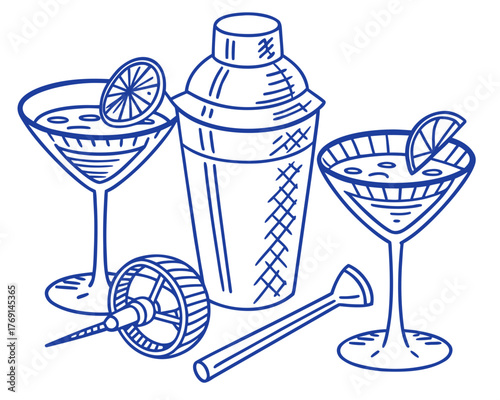 Cocktail shaker and glasses illustration