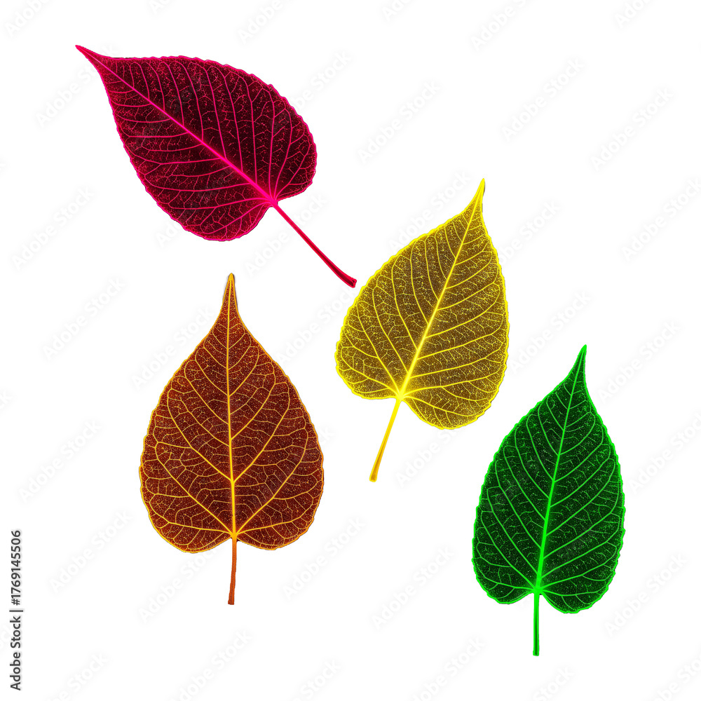 Obraz premium Four Translucent Skeletonized Leaves In Vibrant Red Orange Yellow And Green Hues Suspended