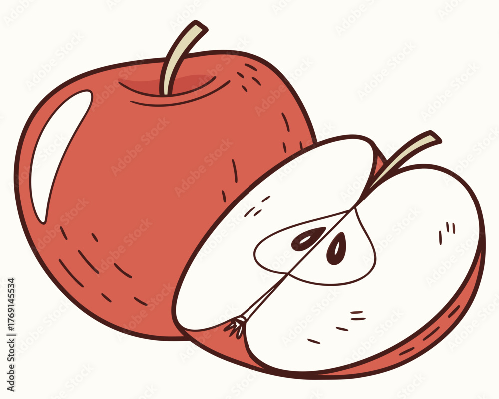 Obraz premium Illustration of a whole red apple and a half apple