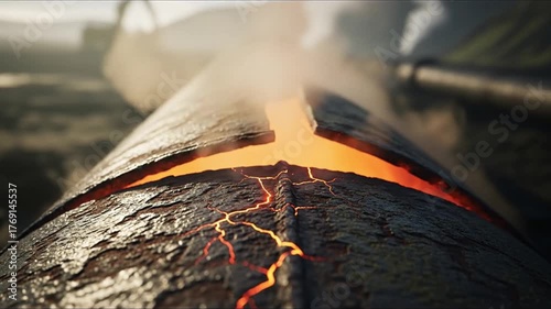 Close-up of a steaming pipeline carrying molten material in an industrial setting