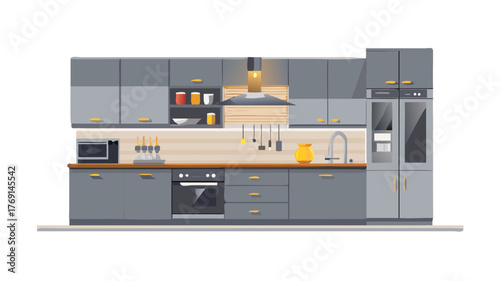 Kitchen with a modern design, featuring gray cabinetry, stainless steel appliances, and a wooden countertop. The space is illuminated with warm under-cabinet lighting, adding to the luxurious feel.