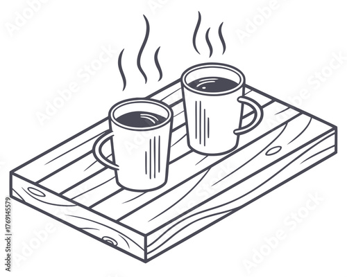 Illustration of two cups of coffee on a wooden tray
