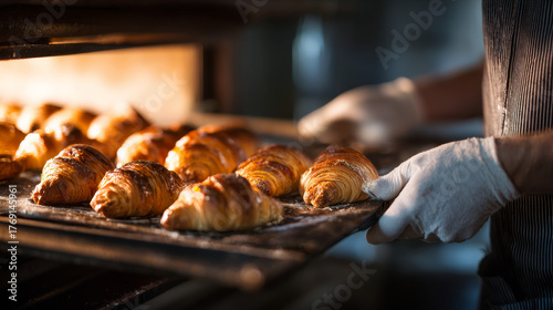 Wearing gloves and an apron, a baker places freshly proofed croissants into a commercial oven to bake