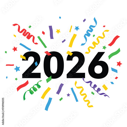 The year 2026 is celebrated with an explosion of confetti and streamers.