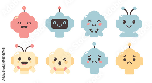 Collection of diverse cartoon robot emoji faces showcasing various emotions and expressions, perfect for digital communication and technology designs