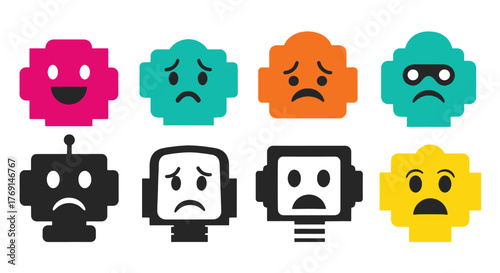 Vibrant set of pixelated Robot Emoji icons conveying diverse emotions, from joy to sadness, perfect for digital communication platforms