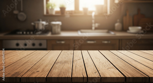 Rustic Wooden Tabletop Product Display in Blurred Warm Kitchen Interior