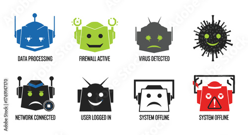 Vibrant and expressive Robot Emoji avatars illustrating diverse technology system statuses, from active firewalls and data processing to security alerts and network connectivity states