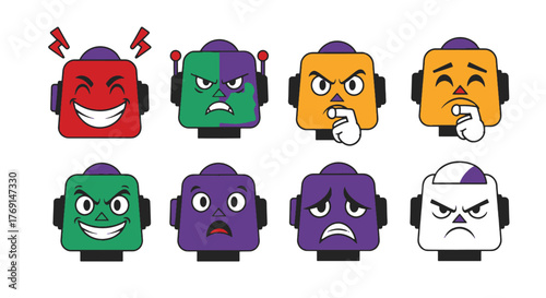 Collection of diverse Robot Emoji expressions showcasing a range of emotions from joy and anger to sadness and confusion, ideal for technology and communication themes