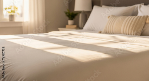Bright Bedroom Interior With Cozy Bed Bathed In Warm Sunlight