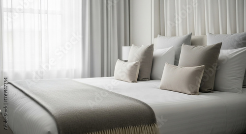 Modern Luxury Bedroom Interior Design with White Bed, Neutral Pillows, and Cozy Blanket for Comfort