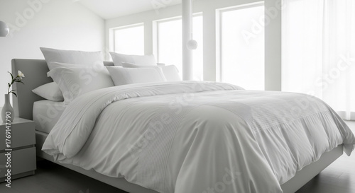 Modern Bedroom Interior Design with Clean White Bedding and Bright Natural Light