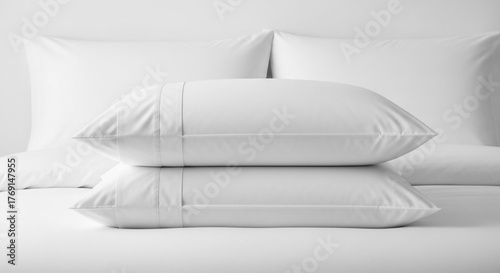 Fresh White Pillows Stacked on Clean Bedding for Cozy Bedroom Comfort
