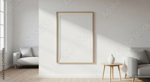 Blank Vertical Frame Mockup in Minimalist Living Room with Natural Light